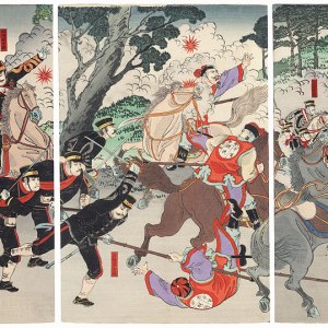 鴨緑江近郊九連城付近大激戦之図 延一 — Nobukazu — antique Japanese ukiyo-e woodblock print