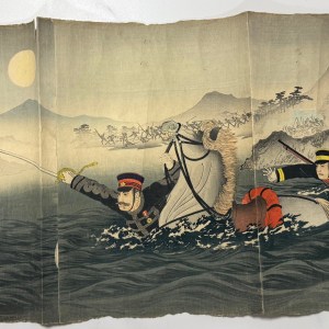 我兵鴨緑江ヲ越ル 楊斎延一 (1894) — antique Japanese ukiyo-e woodblock print